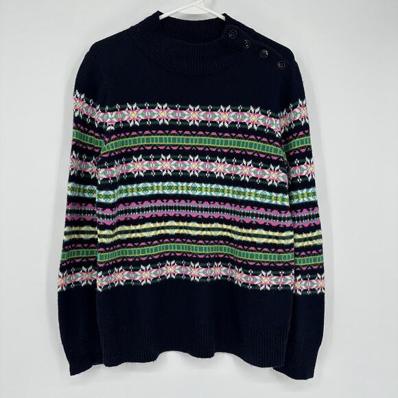 Talbots Sweaters - Talbots Sweater Womens Small Navy Fair Isle Mock Neck Button Shoulder Pullover